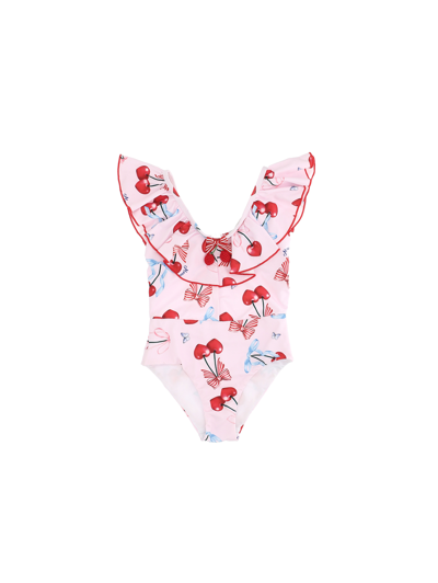 Shop Monnalisa Cherry Print One-piece Swimsuit In Red + Pink
