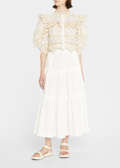 Shop Sea Evie Eyelet Embroidered Puffed Sleeve Top In Cream