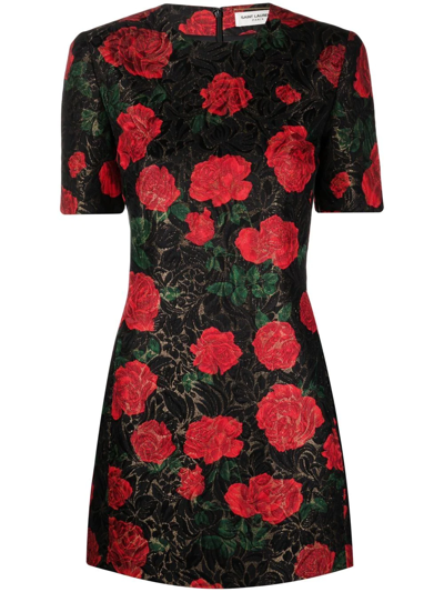 Shop Saint Laurent Rose-print Jacquard Mini Dress In Schwarz