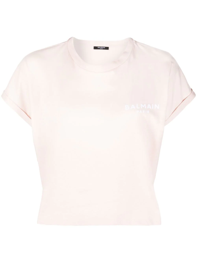 Shop Balmain Flocked-logo Cropped T-shirt In Rosa
