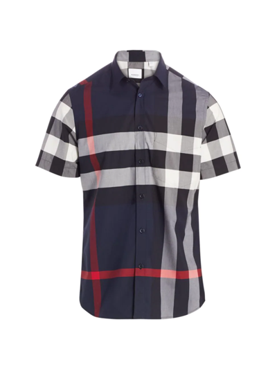Shop Burberry Men's Somerton Plaid Short-sleeve Sport Shirt In Navy