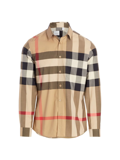 Shop Burberry Men's Somerton Check Cotton Long-sleeve Shirt In Archive Beige