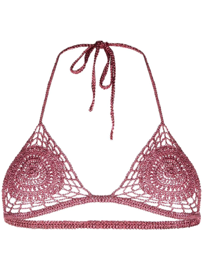 Cult Gaia Ori Metallic Crochet-knit Triangle Halterneck Bikini Top In Pink  | ModeSens