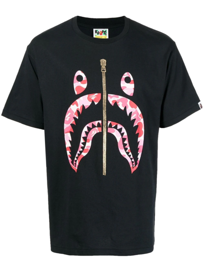 Shop A Bathing Ape Shark-motif Cotton T-shirt In Black