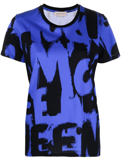 Shop Alexander Mcqueen Graffiti-print Cotton T-shirt In Blue