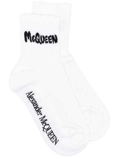 Shop Alexander Mcqueen Logo-intarsia Socks In White