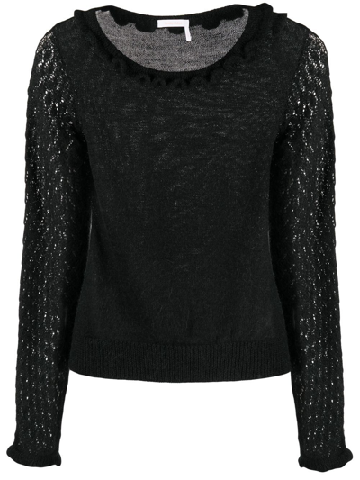 Shop See By Chloé Scalloped Fine-knit Top In Black