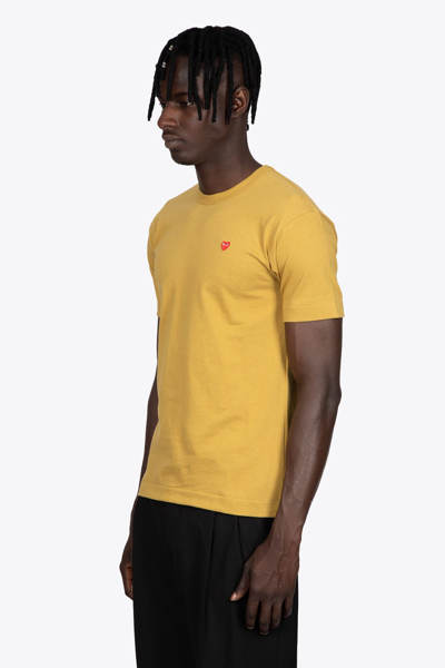 Shop Comme Des Garçons Play Mens T-shirt Knit Mustard Yellow Cotton T-shirt With Small Heart Patch In Oliva