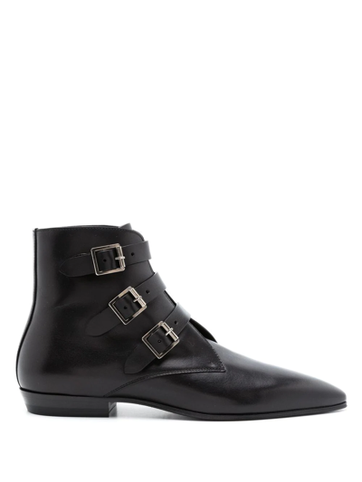 Shop Saint Laurent Goth Leather Buckle Boots In Black