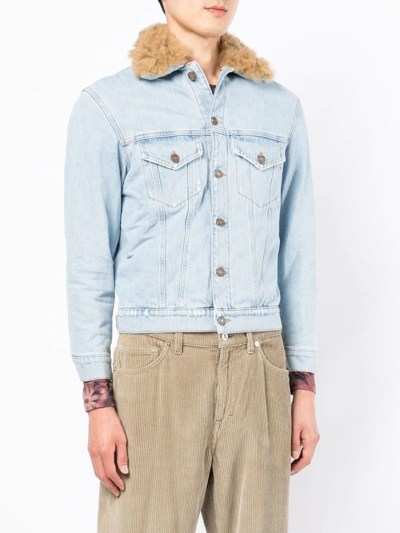 Shop Erl Fur-collared Denim Jacket In Blue