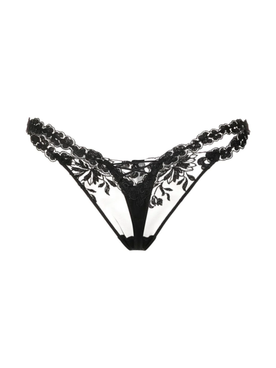 Shop La Perla Loral-embroidered Lace Thong In Black