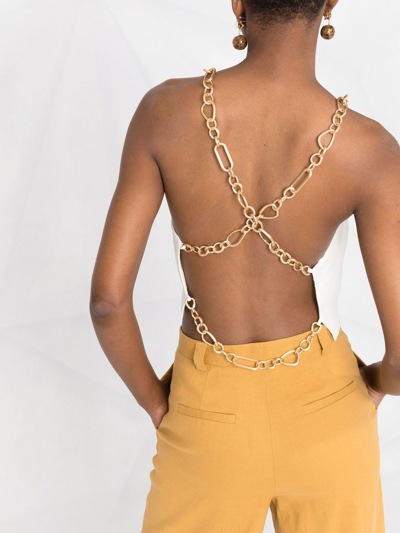 Cult Gaia Joey Cropped Open-back Chain-embellished Linen-blend Top In White