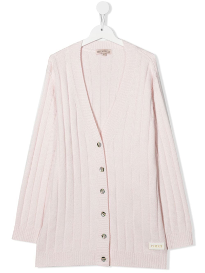 Shop Emilio Pucci Junior Ribbed-knit Wool-blend Cardigan In Pink