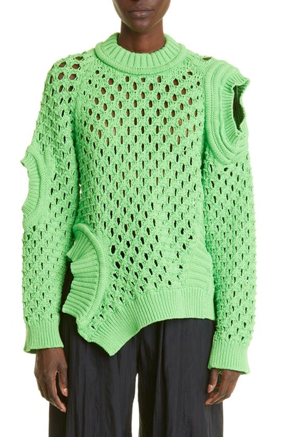 Shop Stella Mccartney Big Stitch Asymmetric Cotton Blend Sweater In 3801 Green Fluo
