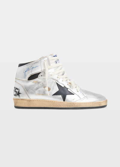 Shop Golden Goose Men's Sky Star Laminated Leather High-top Sneakers In Silverblack