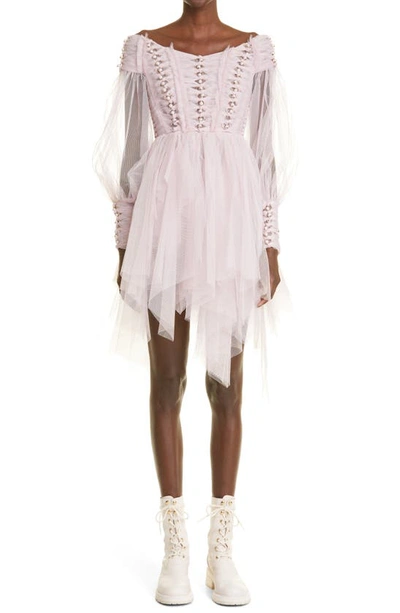 Shop Zimmermann Rhythmic Off The Shoulder Long Sleeve Tulle Minidress In Lilac