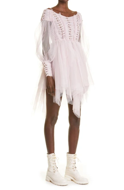 Zimmermann Rhythmic Off The Shoulder Long Sleeve Tulle Minidress In Lilac
