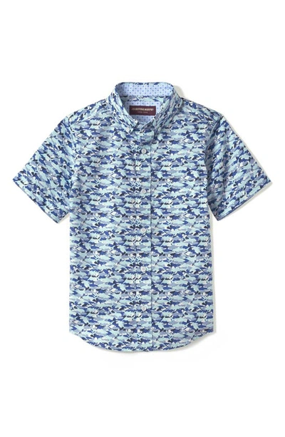 Shop Johnston & Murphy Kids' Hidden Shark Print Short Sleeve Button-down Shirt In Blue
