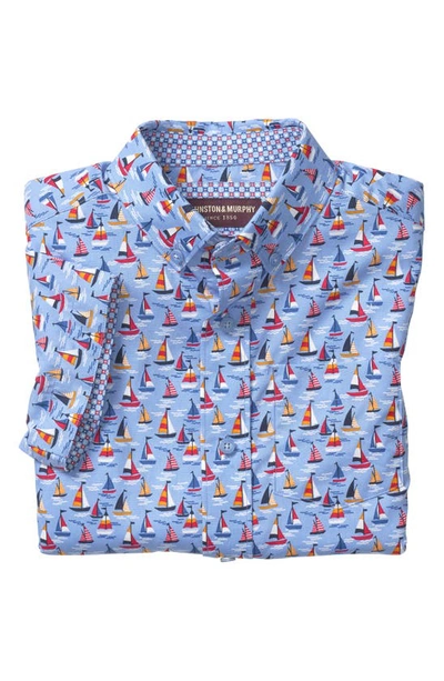 Shop Johnston & Murphy Kids' Sailboat Print Short Sleeve Button-down Shirt In Blue