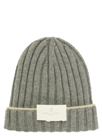 Shop Brunello Cucinelli English Rib Cashmere Knit Beanie In Grey