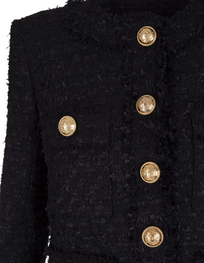 Shop Balmain Woman Single Breasted Jacket In Black Cotton Tweed In Noir