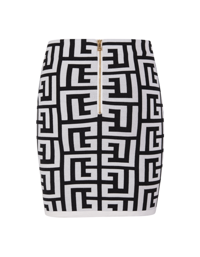 Shop Balmain Short Skirt In White And Black Wool With  Monogram In Noir/blanc