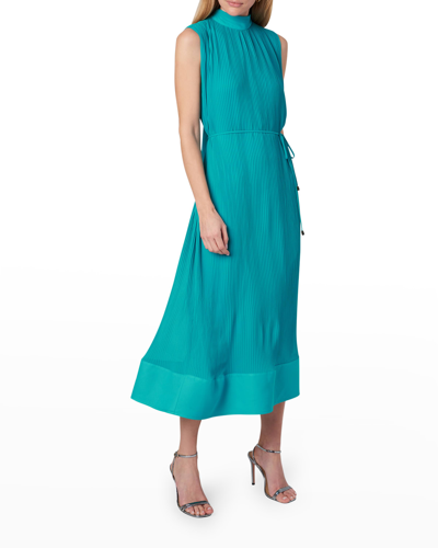 Shop Milly Melina Pleated Mock-neck Dress In Teal