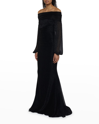 Shop Talbot Runhof Metallic Voile Off-the-shoulder Mermaid Gown In Black