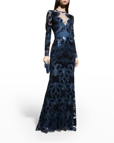 Shop Elie Saab Sequin Embroidered Long-sleeve Illusion Gown In Orion Blue