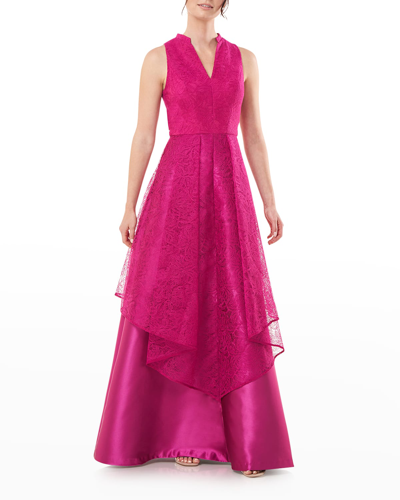 Shop Kay Unger Pleated Lace Overlay Gown In Vivid Berry