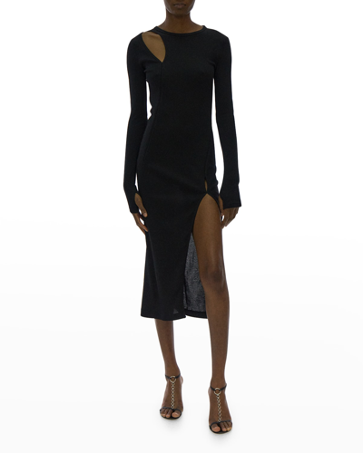 Shop Helmut Lang Slash Long-sleeve Rib-knit Midi Dress In Bslt Black
