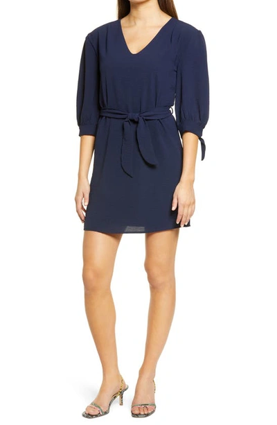 Shop Fraiche By J Puff Sleeve Tie Waist Dress In Navy