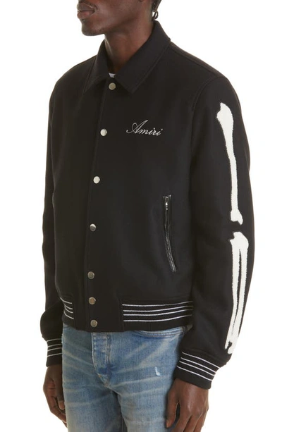 Shop Amiri Bones Wool Varsity Jacket In Black