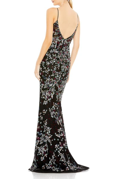 Shop Mac Duggal Sequin Floral V-neck Tulle Sheath Gown In Black
