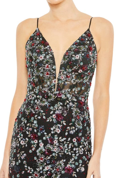 Shop Mac Duggal Sequin Floral V-neck Tulle Sheath Gown In Black