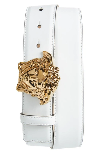 Shop Versace Medusa Head Leather Belt In Optical White/  Gold