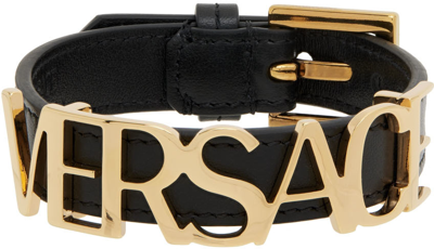 Shop Versace Black Leather Logo Bracelet In 1b00v Black