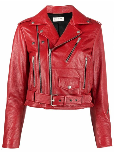 Shop Saint Laurent Red Leather Biker Jacket