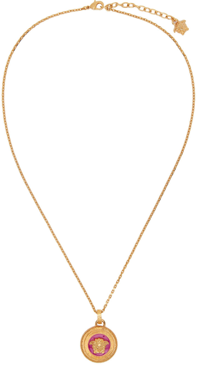 Shop Versace Gold & Pink Medusa Biggie Necklace In 4j3gold/red
