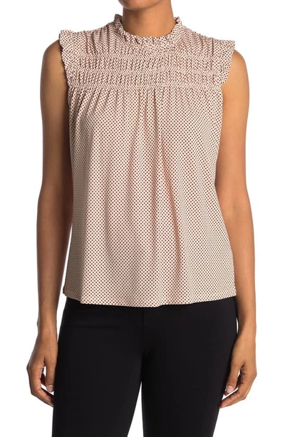 Shop Adrianna Papell Printed Ruffle High Neck Top In Champgne Small Dot