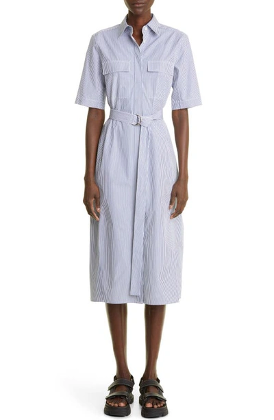 Shop Maria Mcmanus Stripe Belted Organic Cotton Poplin Shirtdress In Twill Royal Blue Stripe