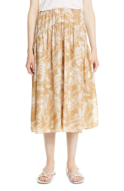 Vince Gathered Printed Silk Midi Skirt In 751lss-lt Sunseed