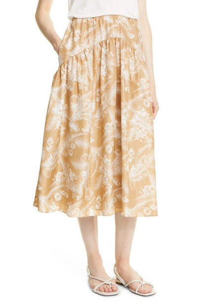 Vince Gathered Printed Silk Midi Skirt In 751lss-lt Sunseed