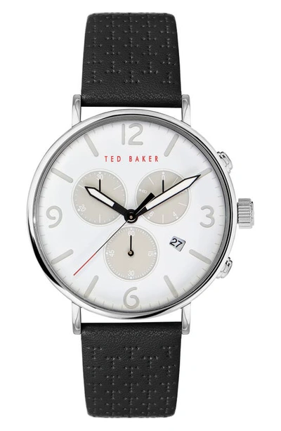 Shop Ted Baker Barnett Backlight Chronograph Leather Strap Watch, 41mm In Silver/ White/ Black