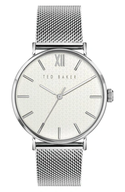 Shop Ted Baker Phylipa Gents Mesh Strap Watch, 43mm In Silver/ White/ Silver