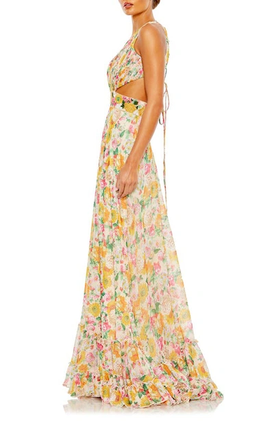 Shop Mac Duggal Cutout Floral Print Ballgown In Nude Multi