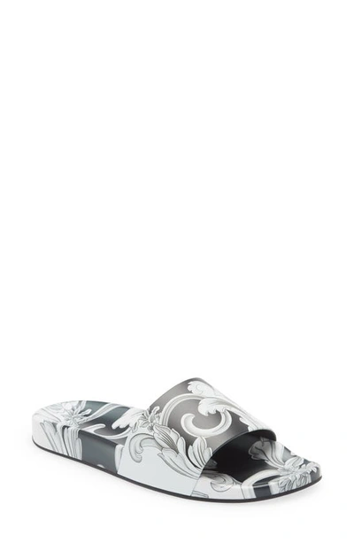 Versace Silver Baroque Print Slide Sandals In Black+print | ModeSens