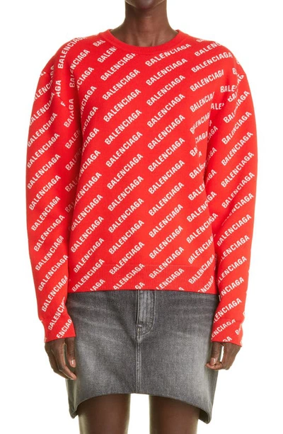 Balenciaga Women's Intarsia Knit Logo Crewneck Sweater In Red | ModeSens