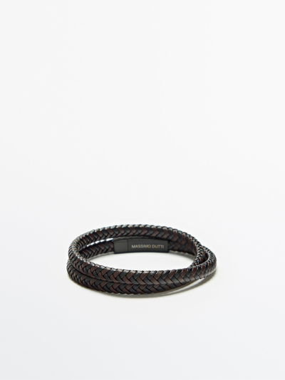 Shop Massimo Dutti Two-tone Plaited Leather Bracelet In Brown