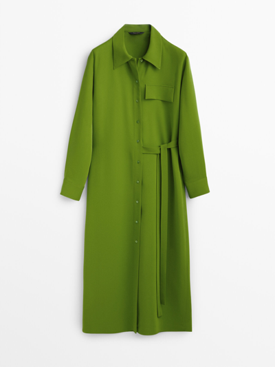 Massimo Dutti Long Shirt Dress With Side Tie Detail In Green Billiard ModeSens